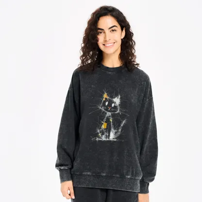 Tokyo-Tiger Minimal Splash Ink Cute Cat Washed Sweatshirt