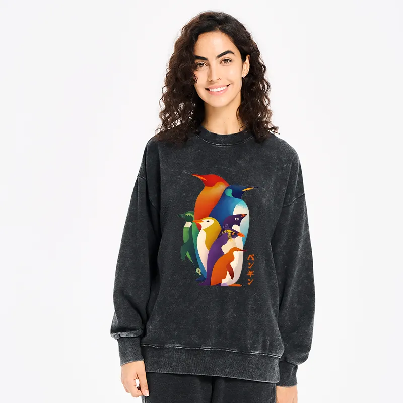 Tokyo-Tiger Cute Multi Tone Penguins Washed Sweatshirt
