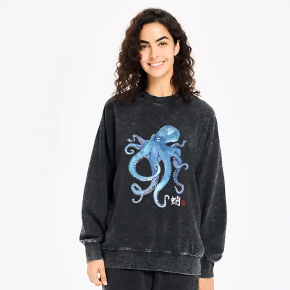 Tokyo-Tiger Watercolor Blue Octopus Washed Sweatshirt