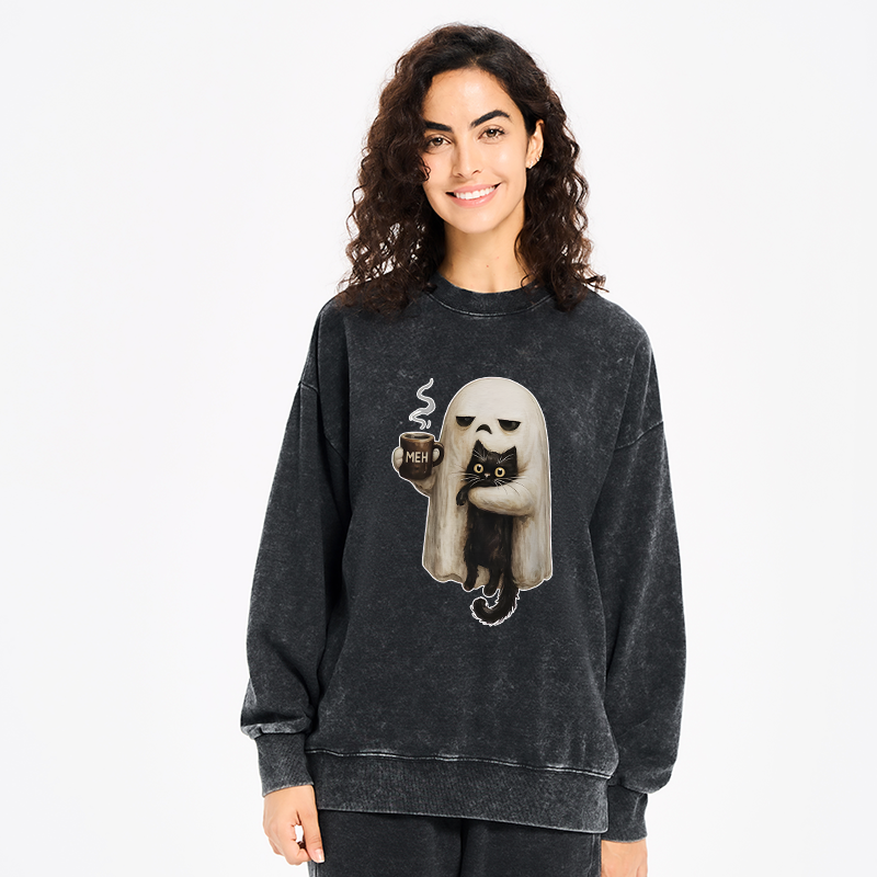 Tokyo-Tiger Ghost Cat Coffee Mood Washed Sweatshirt
