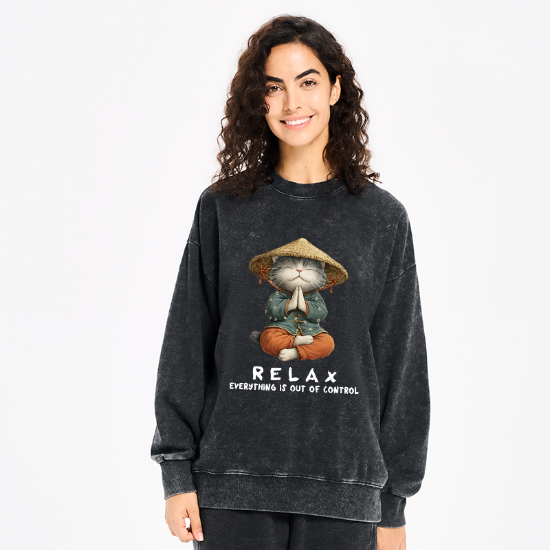Tokyo-Tiger Zen Relax Cat Graphic Washed Sweatshirt