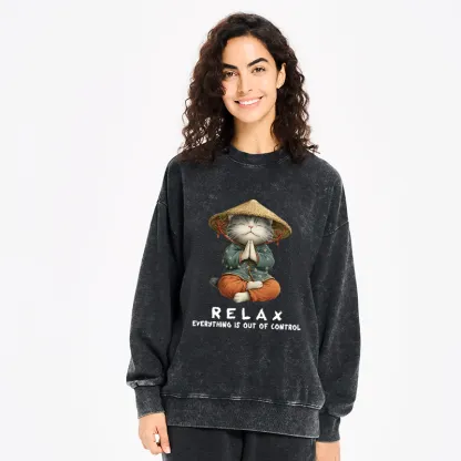 Tokyo-Tiger Zen Relax Cat Graphic Washed Sweatshirt
