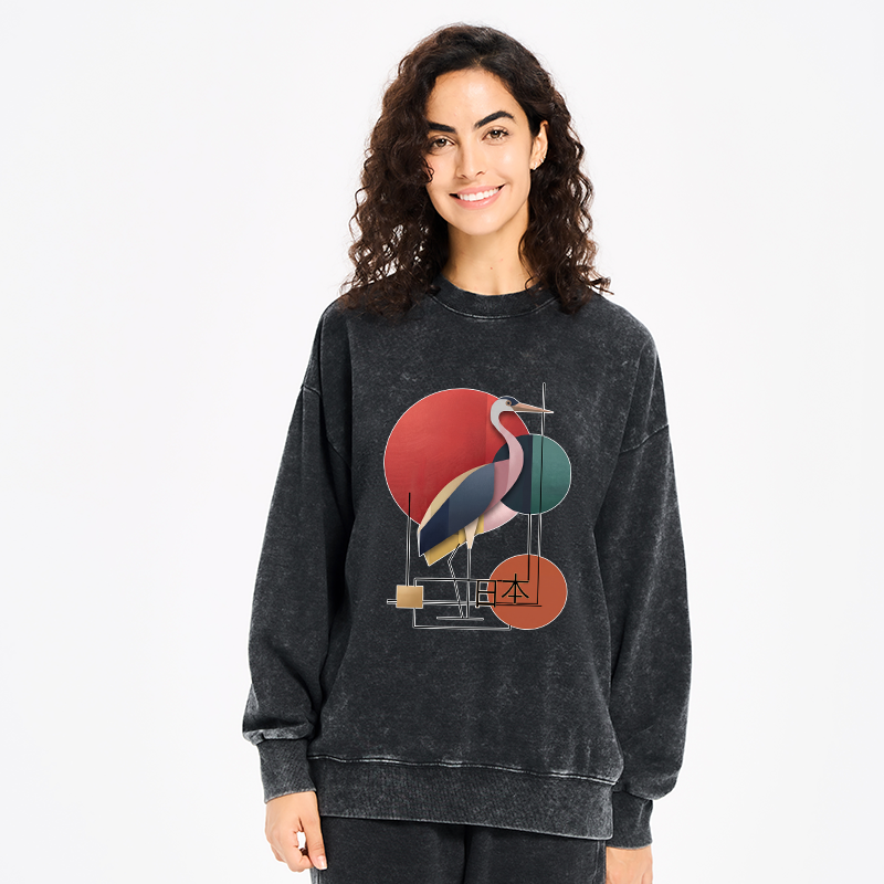 Tokyo-Tiger Geometric Crane Art Washed Sweatshirt