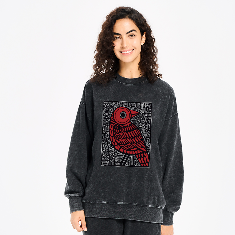 Tokyo-Tiger Retro Woodblock Bird Washed Sweatshirt