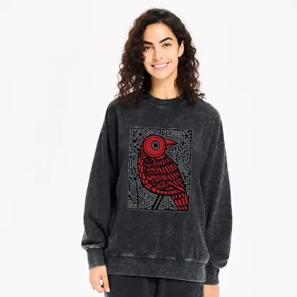 Tokyo-Tiger Retro Woodblock Bird Washed Sweatshirt