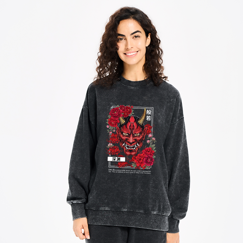 Tokyo-Tiger Cool Oni Floral Art Washed Sweatshirt