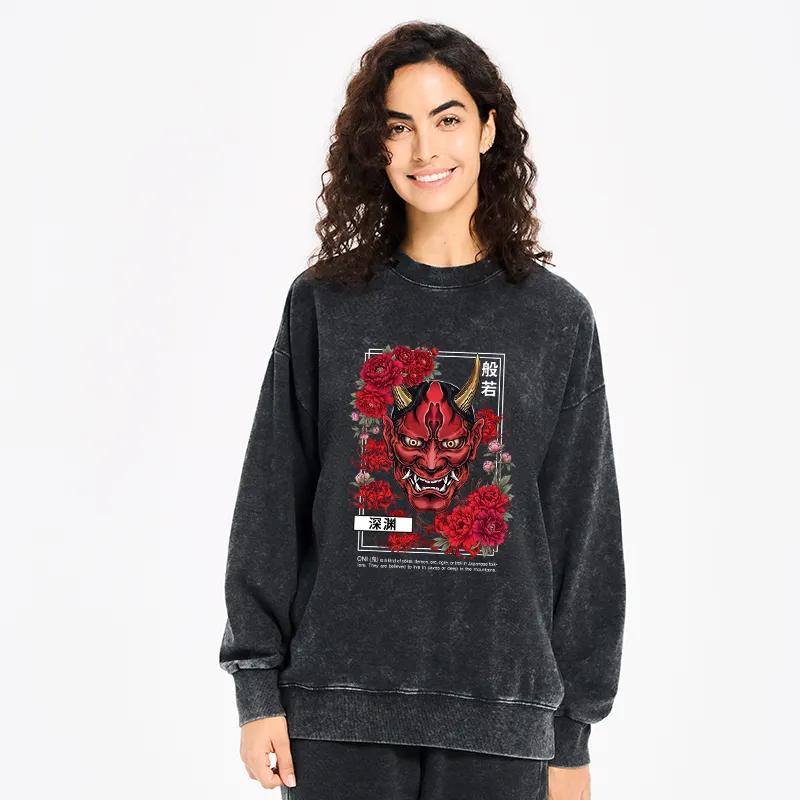 Tokyo-Tiger Cool Oni Floral Art Washed Sweatshirt