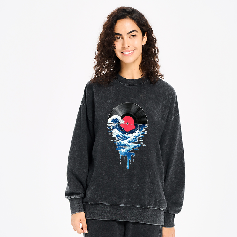 Tokyo-Tiger Vinyl Records And Waves Washed Sweatshirt