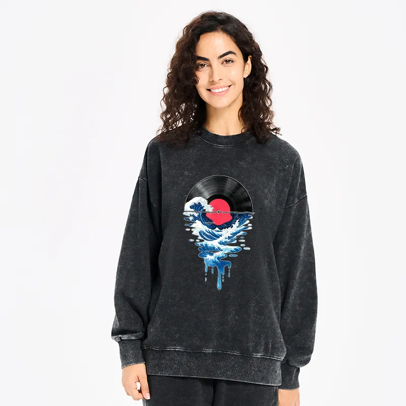 Tokyo-Tiger Vinyl Records And Waves Washed Sweatshirt