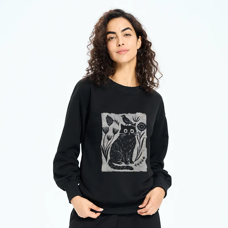 Tokyo-Tiger Folk Paper Cut Cat Bird Floral Art Classic Sweatshirt