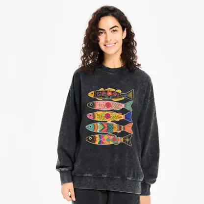 Tokyo-Tiger Colorful Patterned Fish Washed Sweatshirt