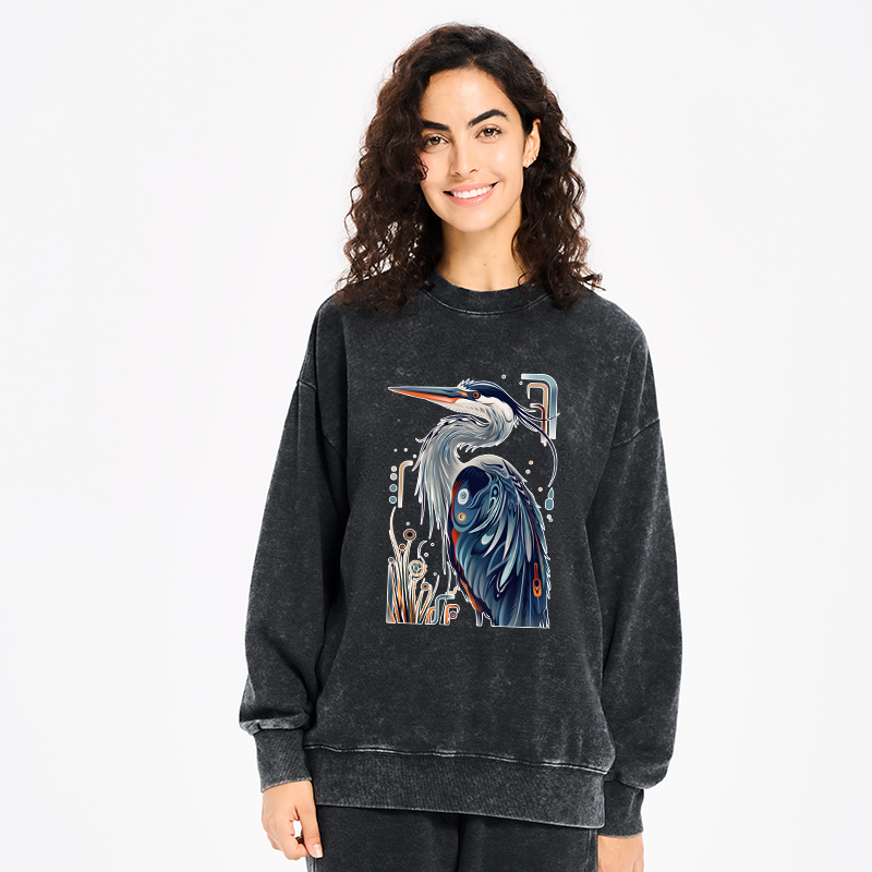 Tokyo-Tiger Stylish Blue Heron Washed Sweatshirt