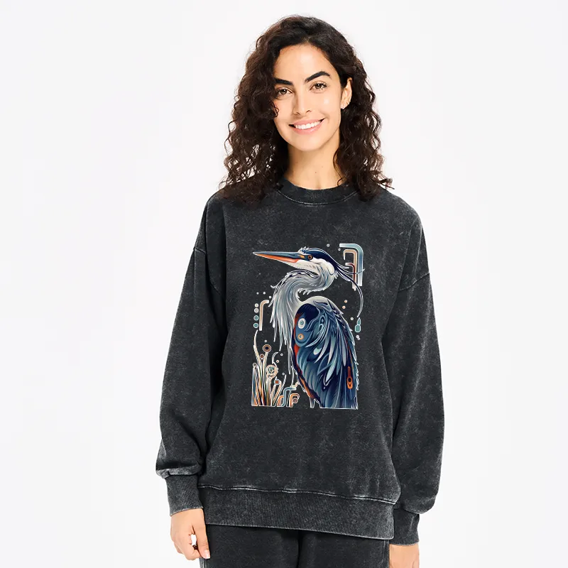 Tokyo-Tiger Stylish Blue Heron Washed Sweatshirt