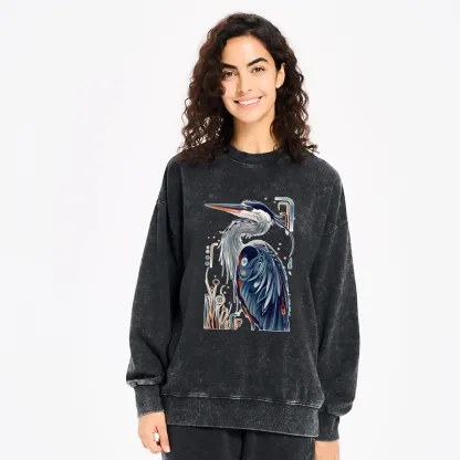 Tokyo-Tiger Stylish Blue Heron Washed Sweatshirt