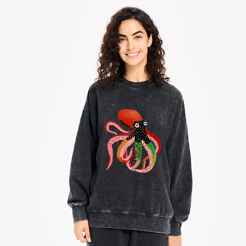 Tokyo-Tiger Colorful Octopus Art Washed Sweatshirt