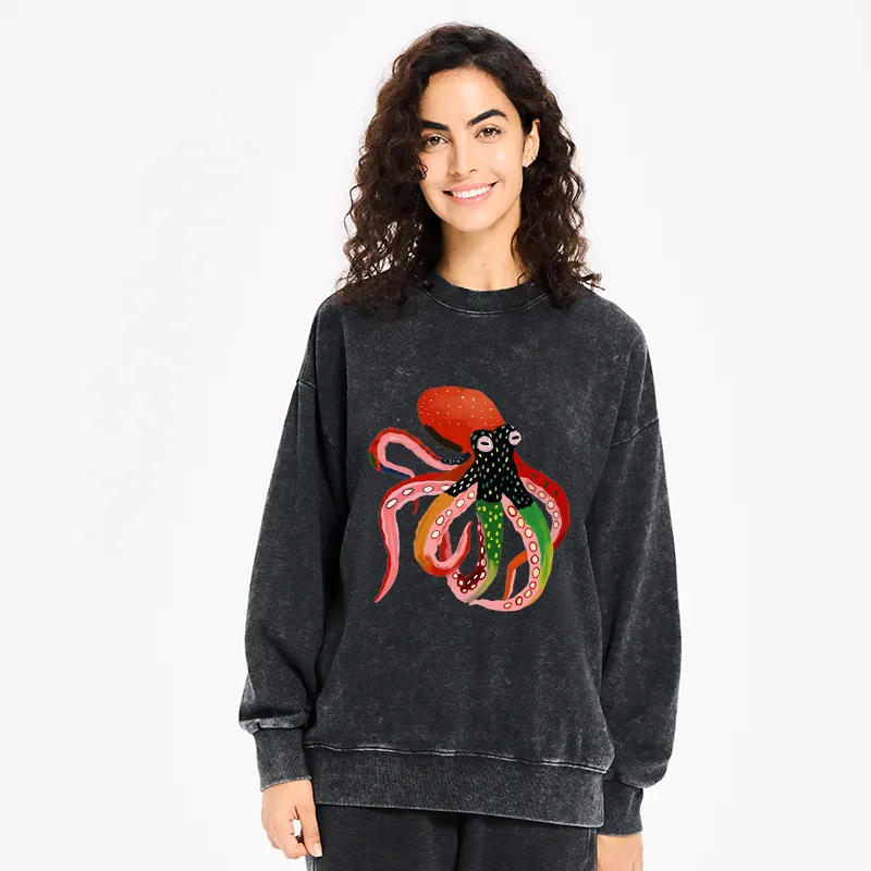 Tokyo-Tiger Colorful Octopus Art Washed Sweatshirt