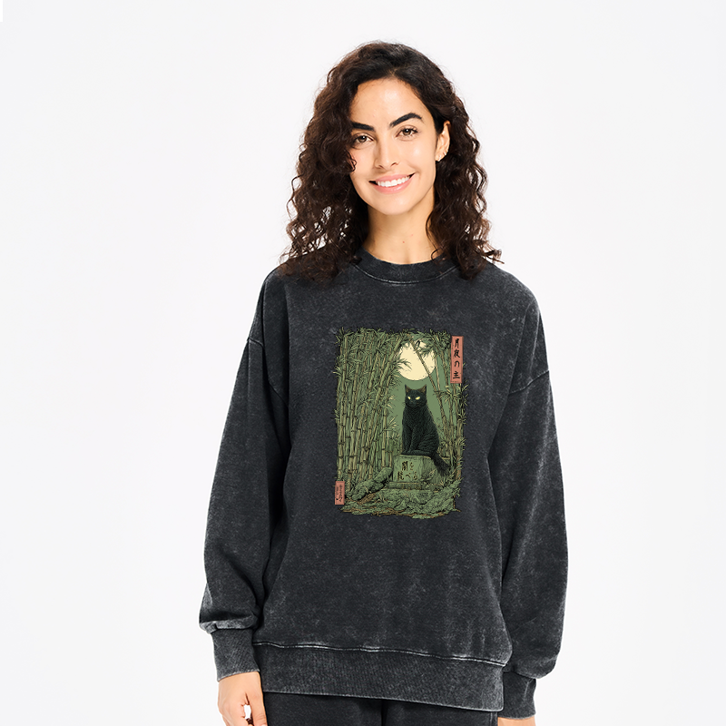 Tokyo-Tiger Black Cat In The Bamboo Forest Washed Sweatshirt