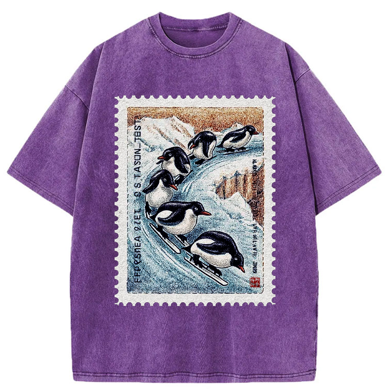 Tokyo-Tiger Gliding Penguin Stamp Washed T-Shirt