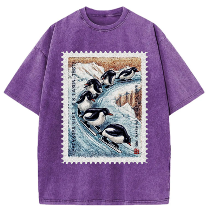 Tokyo-Tiger Gliding Penguin Stamp Washed T-Shirt