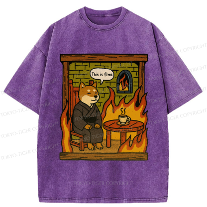Tokyo-Tiger Funny This is fine Dog meme Washed T-Shirt