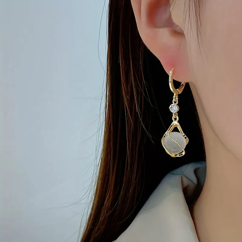 Moonstone Bead Shiny Rhinestone Decor Dangle Earrings Elegant Simple Style Copper Jewelry Delicate Female Gift