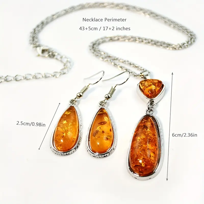 3pcs Earrings Plus Necklace Boho Style Jewelry Set Inlaid Teardrop Shape Amberoid Match Daily Outfits Noble Party Accessories