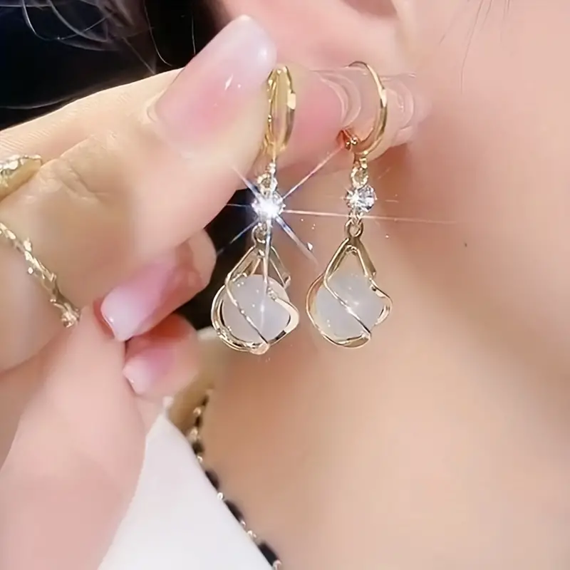 Moonstone Bead Shiny Rhinestone Decor Dangle Earrings Elegant Simple Style Copper Jewelry Delicate Female Gift