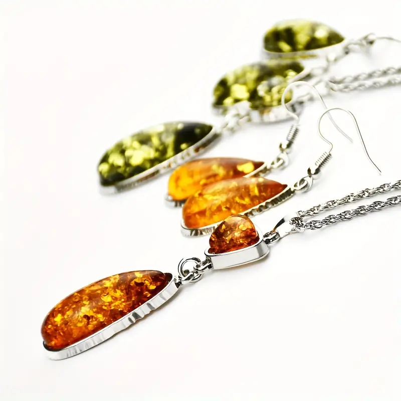 3pcs Earrings Plus Necklace Boho Style Jewelry Set Inlaid Teardrop Shape Amberoid Match Daily Outfits Noble Party Accessories