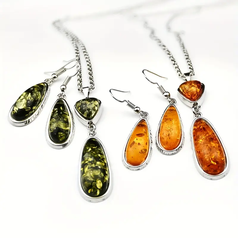 3pcs Earrings Plus Necklace Boho Style Jewelry Set Inlaid Teardrop Shape Amberoid Match Daily Outfits Noble Party Accessories