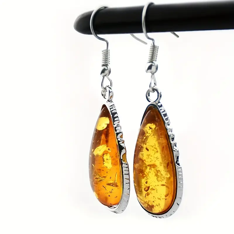 3pcs Earrings Plus Necklace Boho Style Jewelry Set Inlaid Teardrop Shape Amberoid Match Daily Outfits Noble Party Accessories