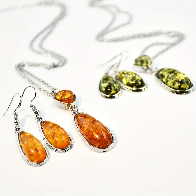 3pcs Earrings Plus Necklace Boho Style Jewelry Set Inlaid Teardrop Shape Amberoid Match Daily Outfits Noble Party Accessories