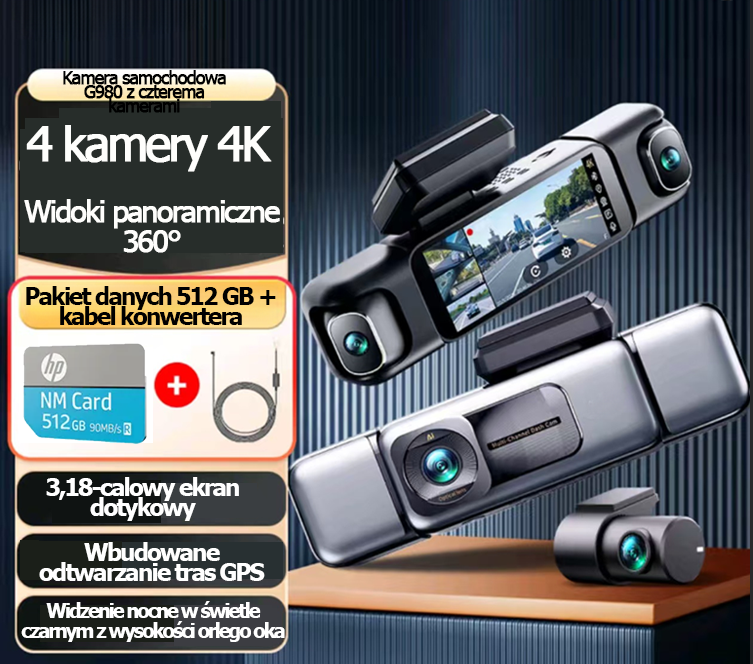 Garmin G980 kamera samochodowa z technologią sztucznej inteligencji i sterowaniem głosowym, wyposażona w cztery kamery, panoramiczny ekran 360°, tryb nocny 4K Ultra HD oraz śledzenie GPS