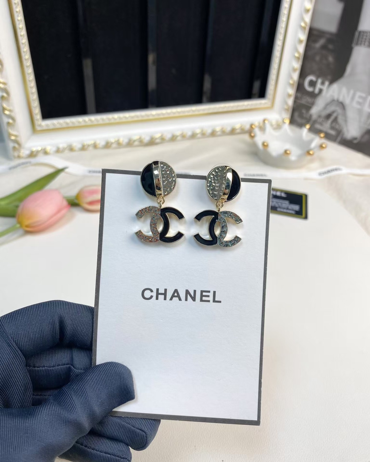 Buy replica Chanel Half Black Enamel Double C Dangle Earrings and replica jewelry from PICKS Jewelry