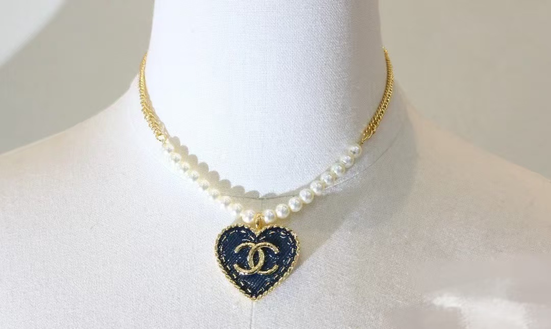 Buy replica Chanel Denim Heart Double C Pendant Pearl Necklace and replica jewelry from PICKS Jewelry
