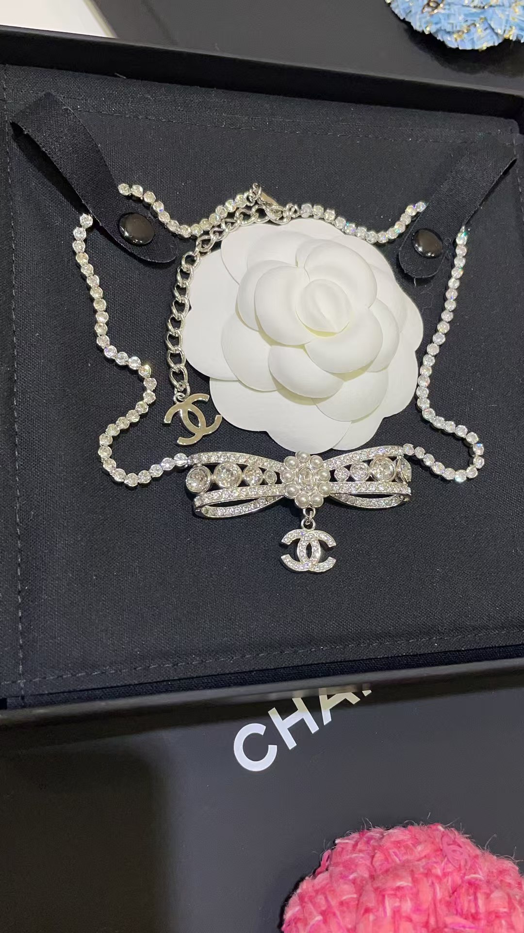 Buy replica Chanel Rhinestone Strass Bowknot Pendant Necklace and replica jewelry from PICKS Jewelry