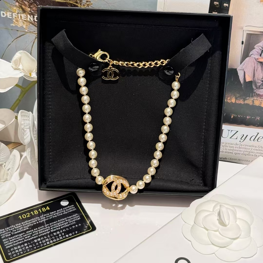 Buy replica Chanel Round Double C Pendant Pearl Choker Necklace and replica jewelry from PICKS Jewelry