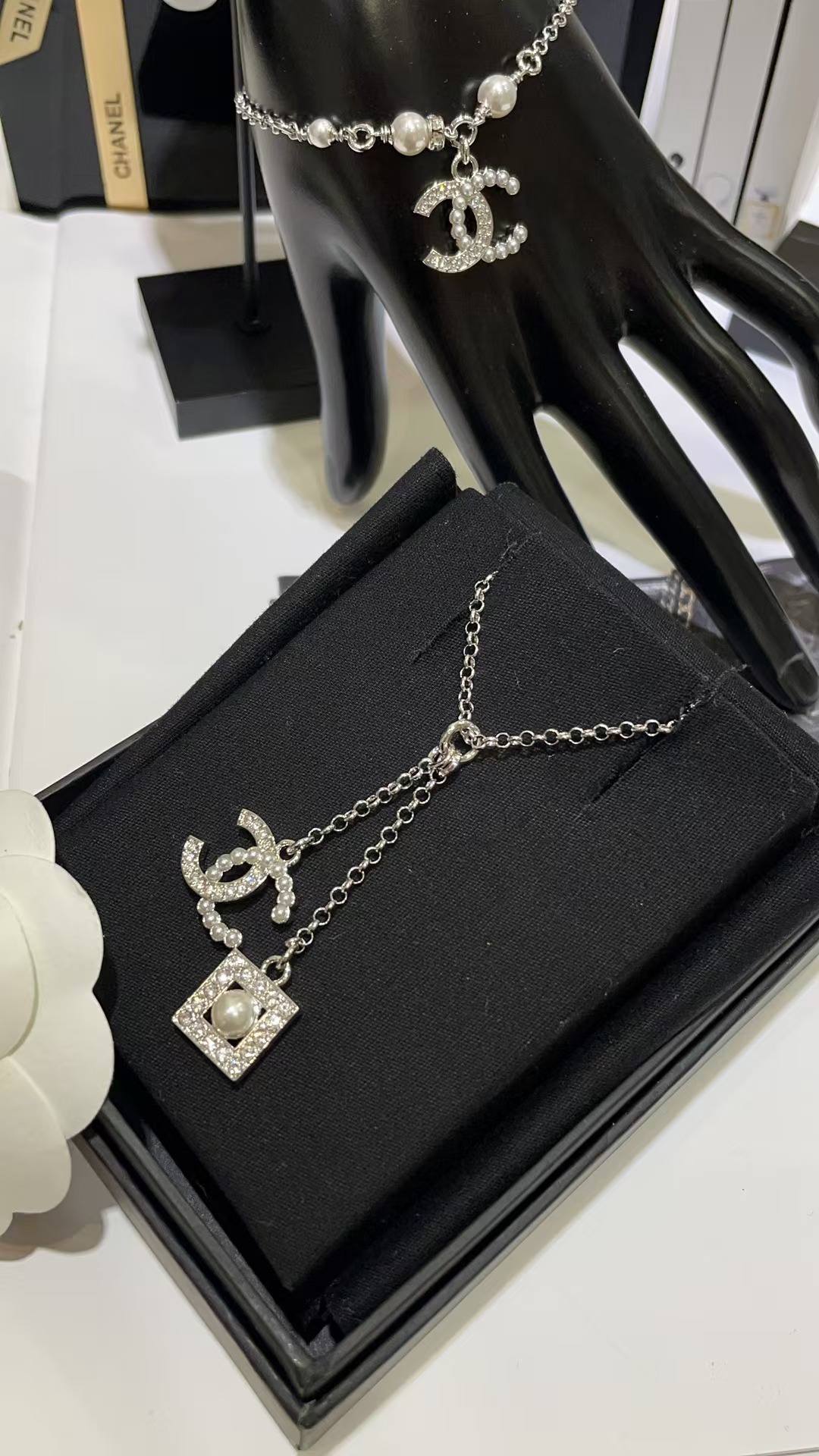 Buy replica Chanel Two Pendants Drop Y Necklace and replica jewelry from PICKS Jewelry