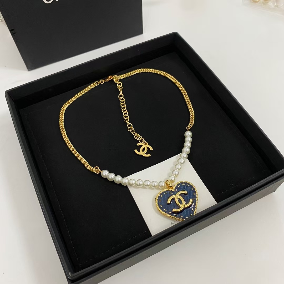 Buy replica Chanel Denim Heart Double C Pendant Pearl Necklace and replica jewelry from PICKS Jewelry