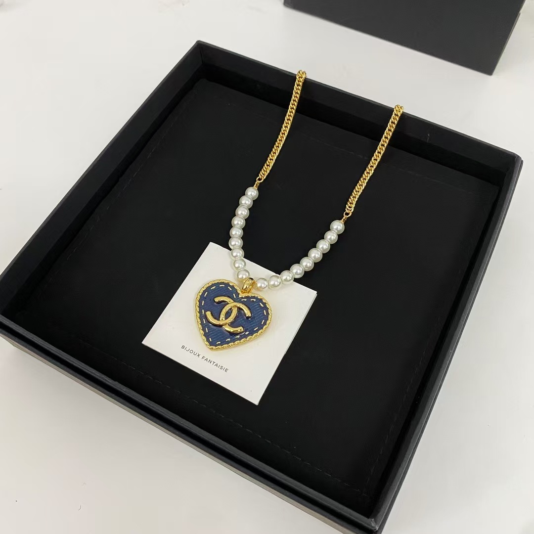 Buy replica Chanel Denim Heart Double C Pendant Pearl Necklace and replica jewelry from PICKS Jewelry