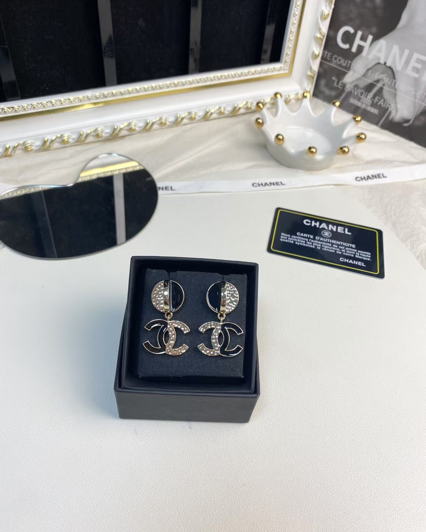Buy replica Chanel Half Black Enamel Double C Dangle Earrings and replica jewelry from PICKS Jewelry