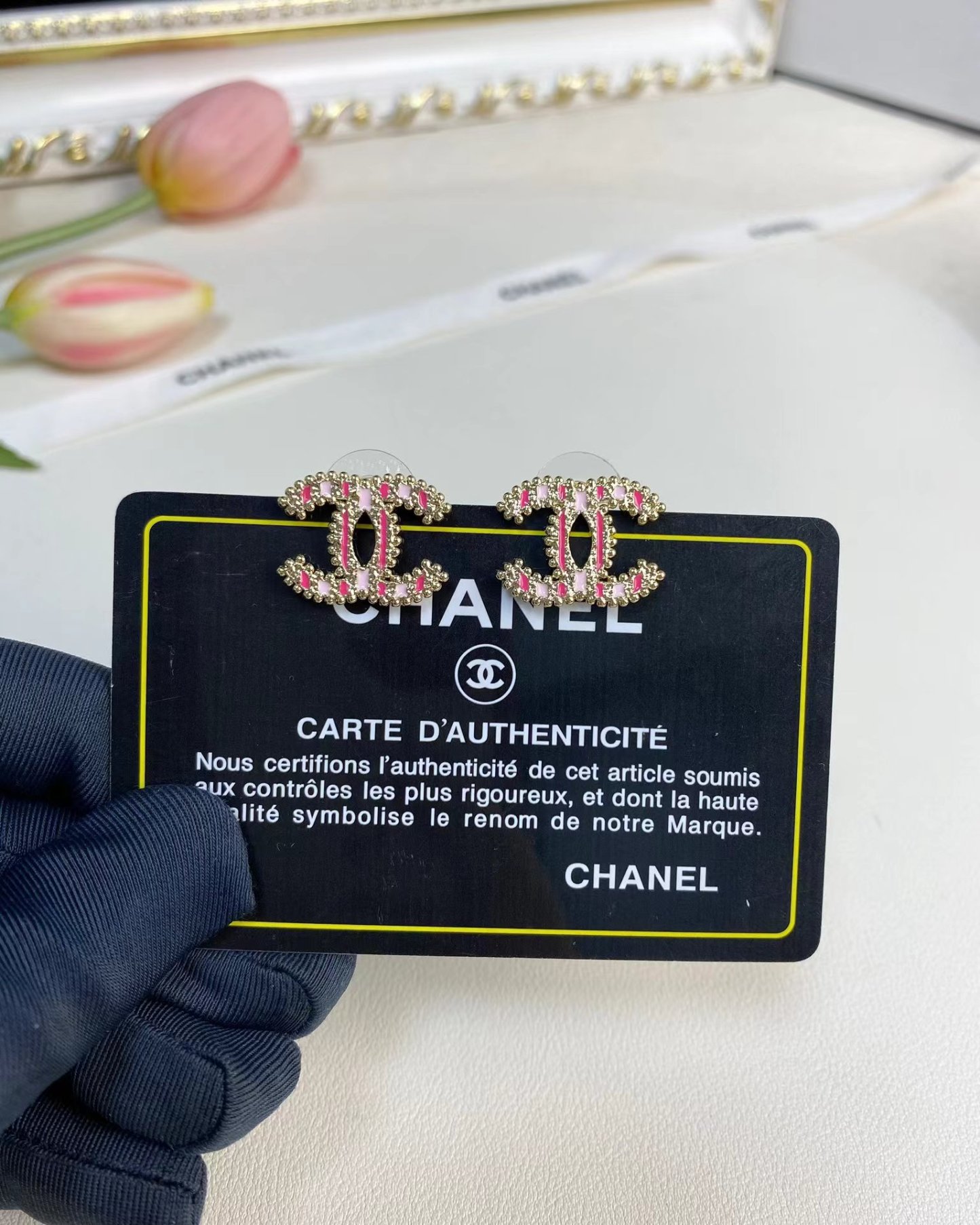 Buy replica Chanel Enamel Pink Double C Earrings and replica jewelry from PICKS Jewelry