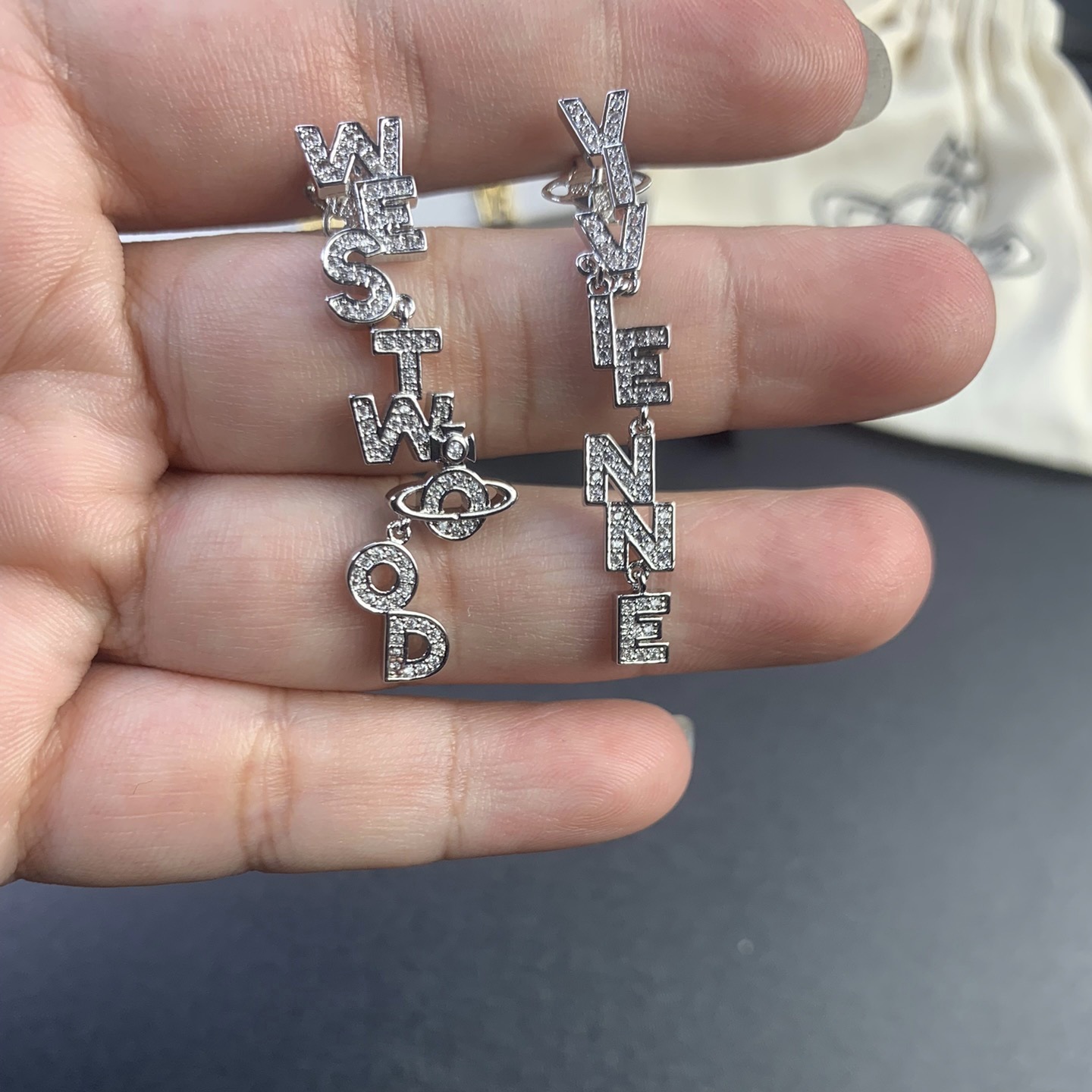 Buy replica Vivienne Westwood Letters Asymmetric Earrings and replica jewelry from PICKS Jewelry