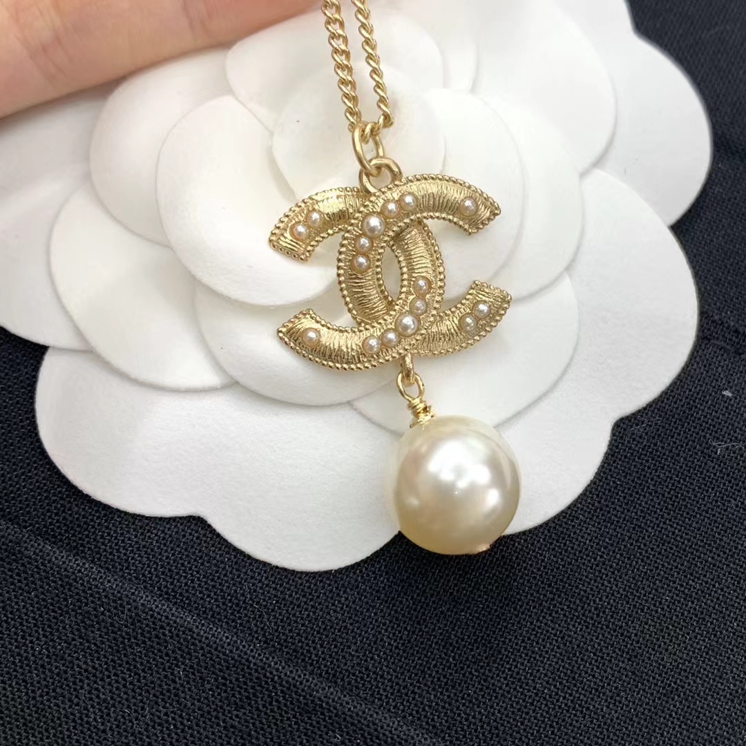 Buy replica Chanel Sweater Double C Pearl Dangle Necklace and replica jewelry from PICKS Jewelry