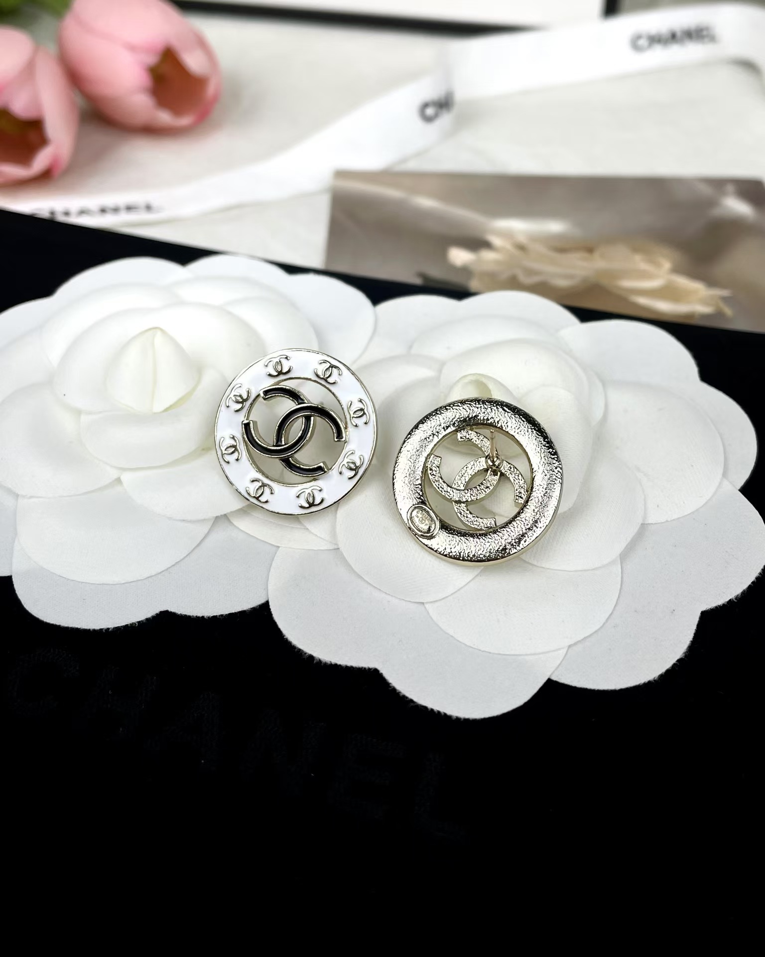 Buy replica Chanel Round White and Black Enamel Stud Earrings and replica jewelry from PICKS Jewelry