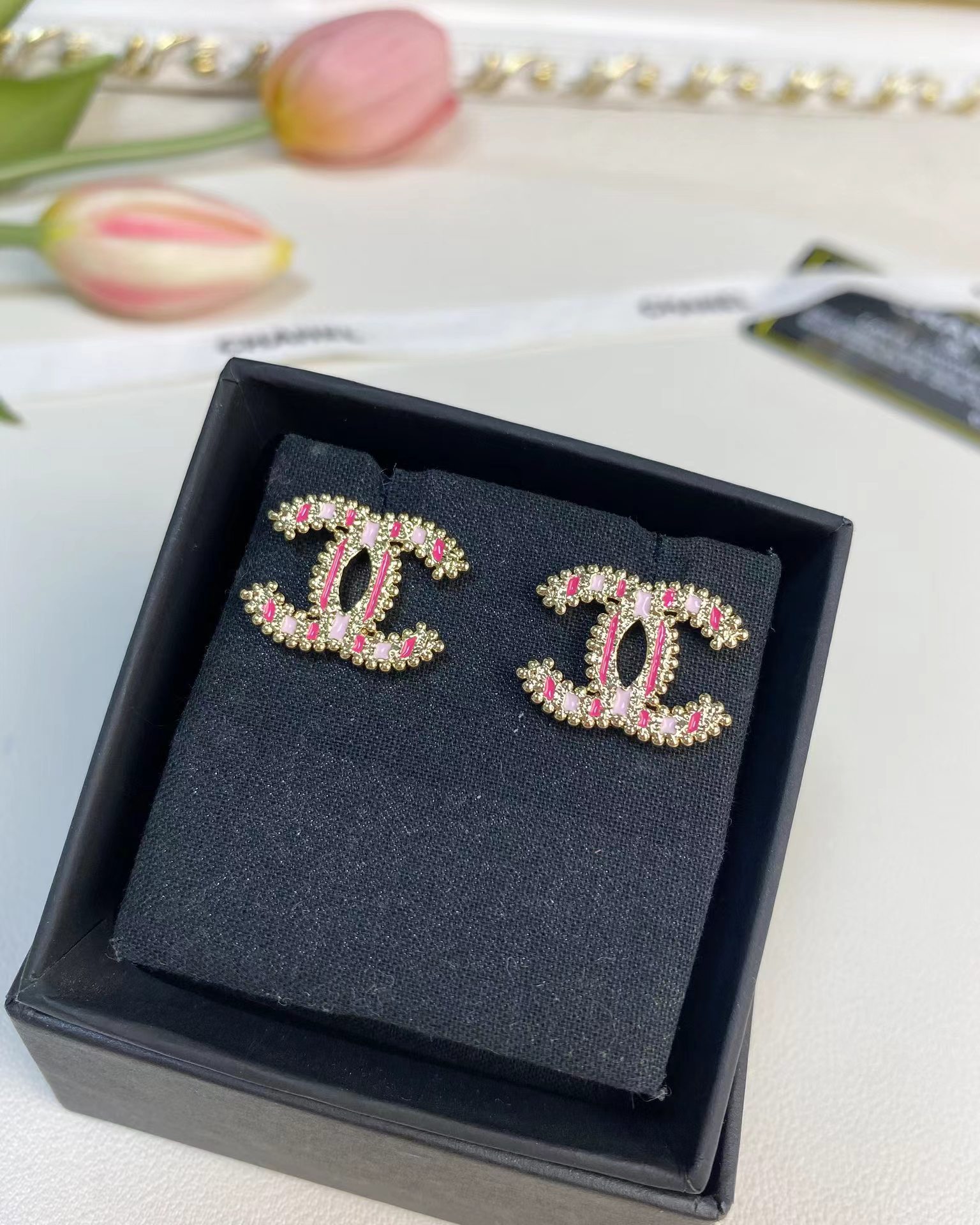 Buy replica Chanel Enamel Pink Double C Earrings and replica jewelry from PICKS Jewelry