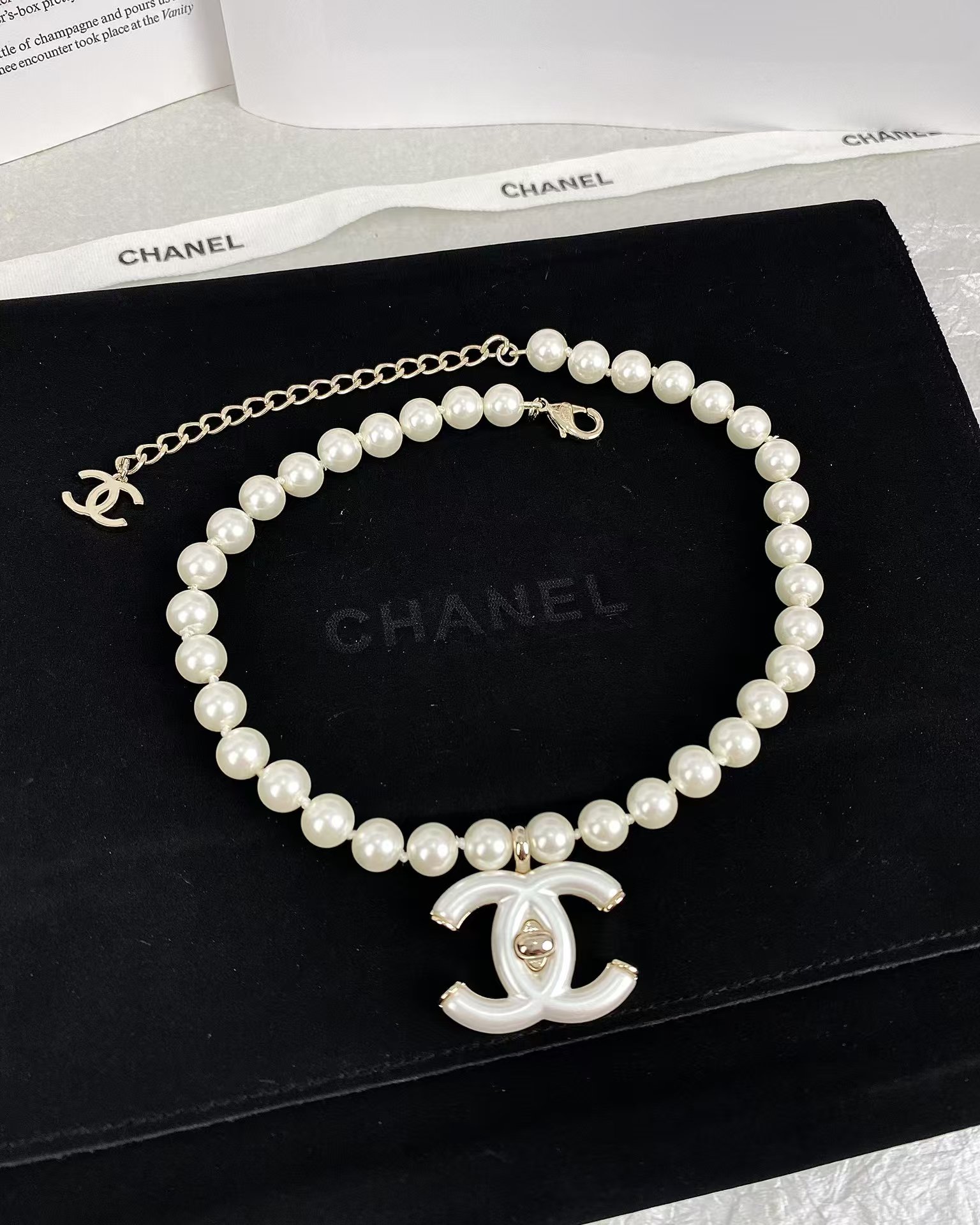 Buy replica Chanel Choker Necklace with White Double C Pendant and replica jewelry from PICKS Jewelry
