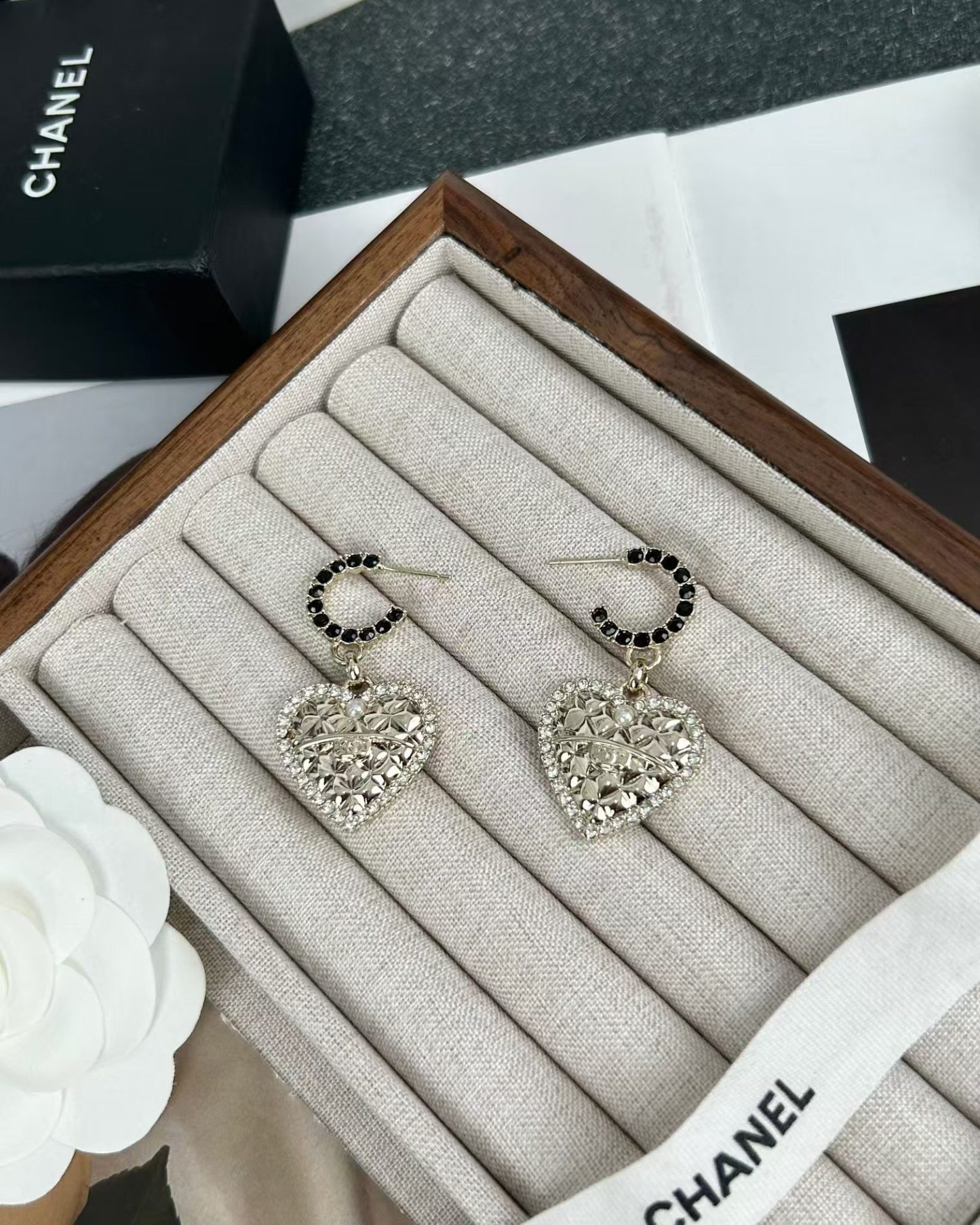 Buy replica Chanel Hoop with Heart Dangle Earrings and replica jewelry from PICKS Jewelry