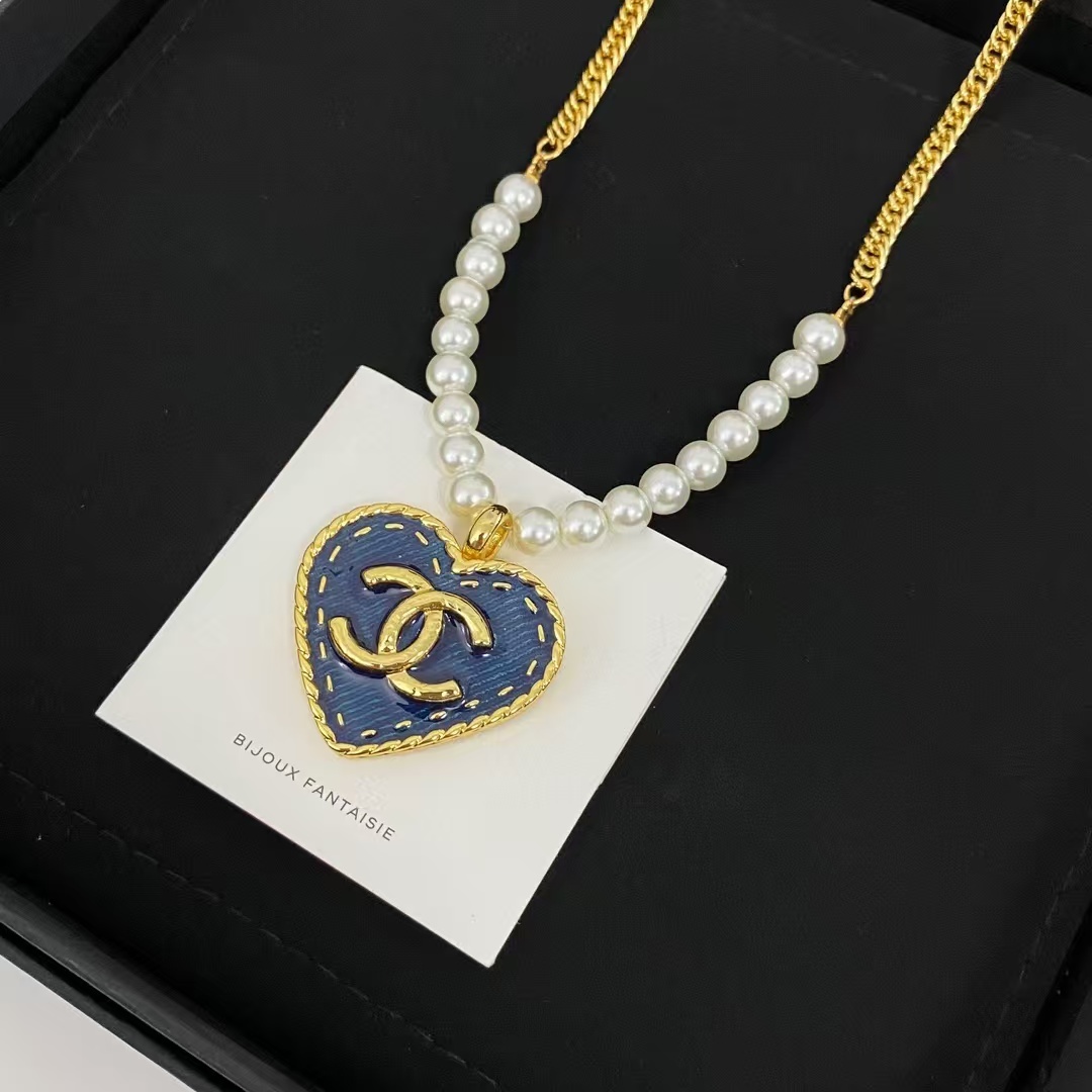 Buy replica Chanel Denim Heart Double C Pendant Pearl Necklace and replica jewelry from PICKS Jewelry