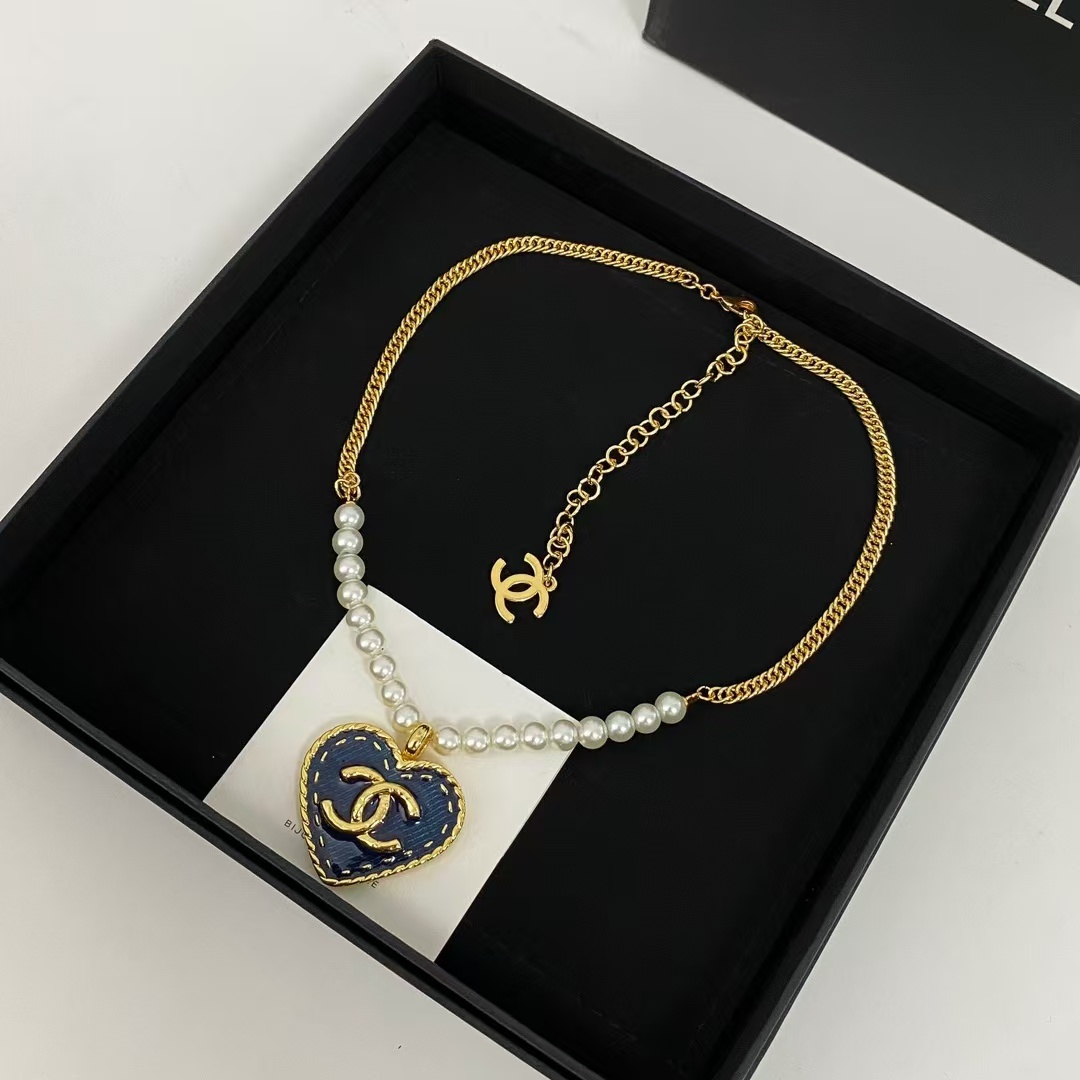 Buy replica Chanel Denim Heart Double C Pendant Pearl Necklace and replica jewelry from PICKS Jewelry