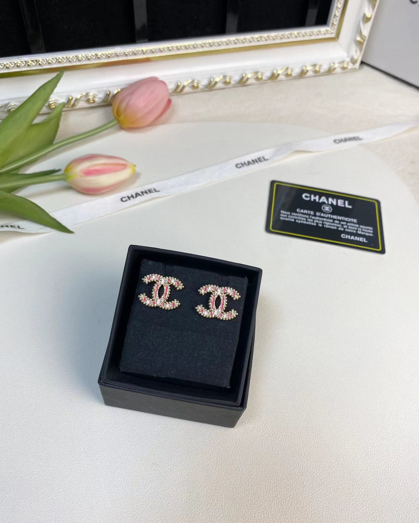 Buy replica Chanel Enamel Pink Double C Earrings and replica jewelry from PICKS Jewelry